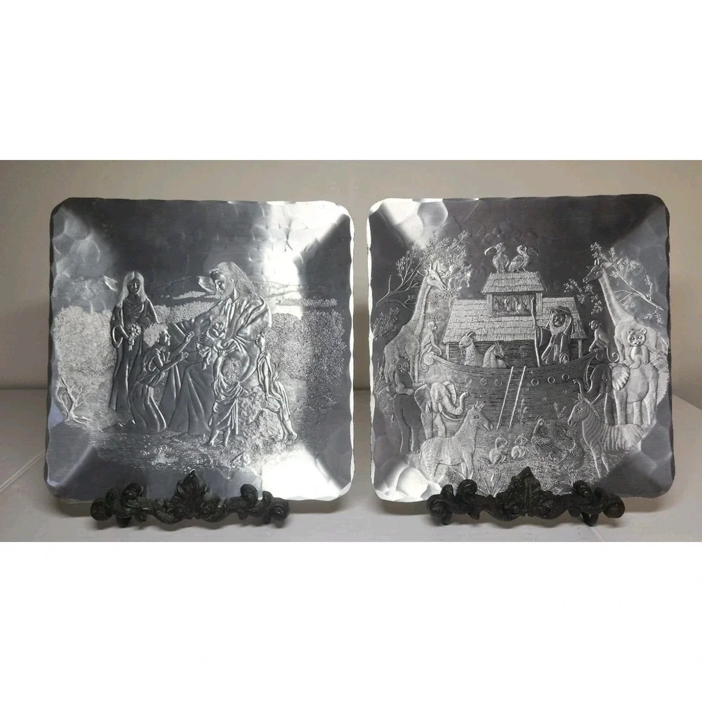 Set Of 2 Wendell August Forged Blessings Tray Jesus Children Noah's‎ Ark 9
